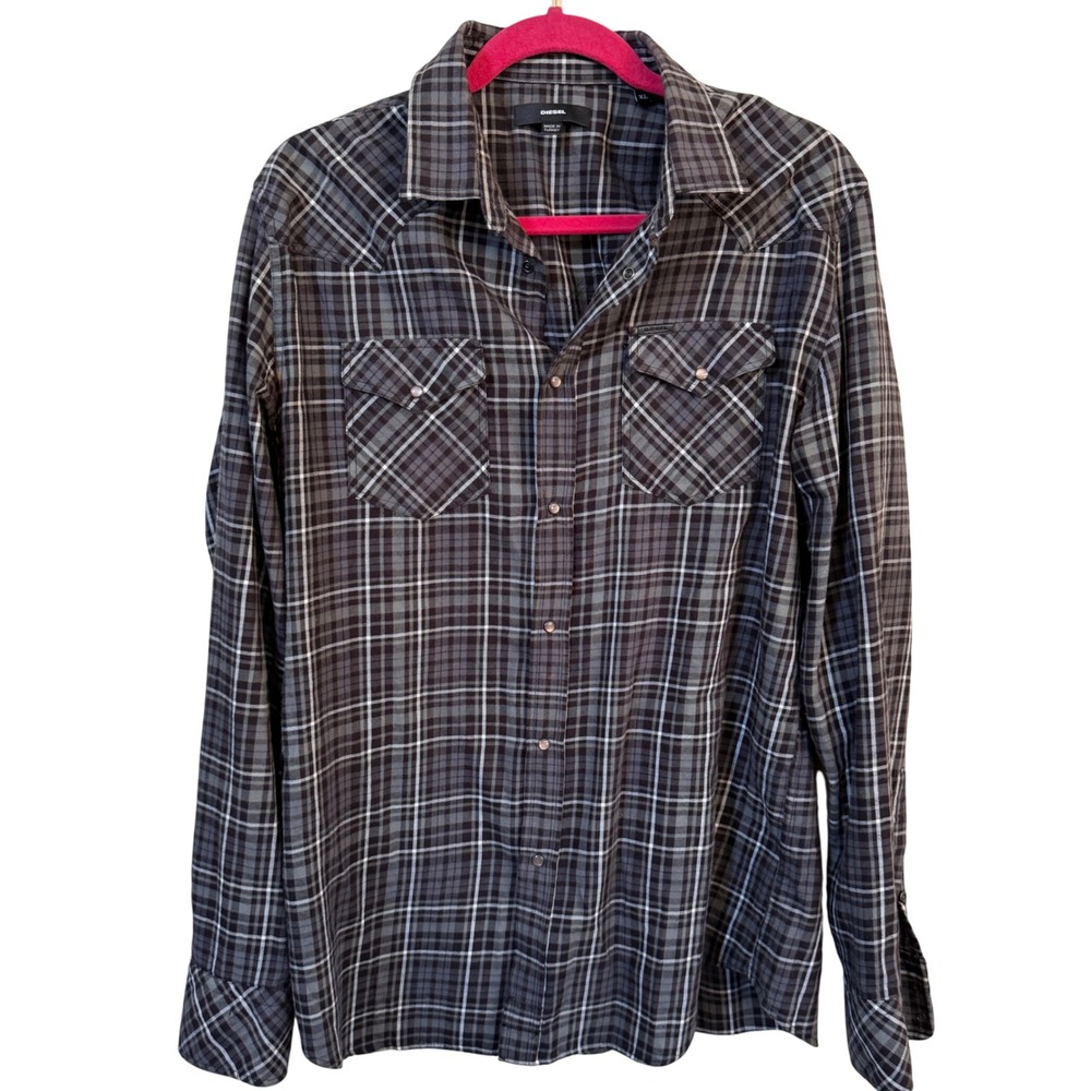 DIESEL Flannel Shirt‎ Mens XL Grey Plaid Pearl Snap Long Sleeve Western Grunge